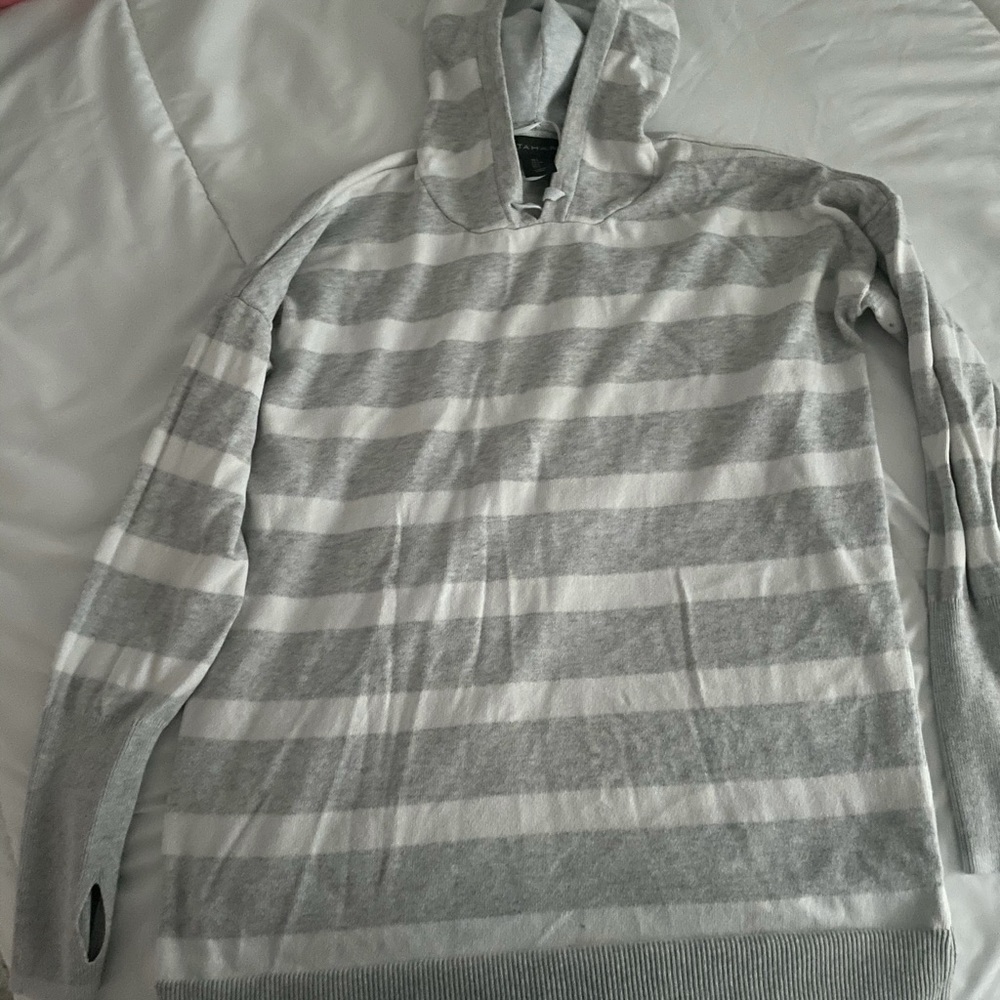 Grey and white striped sweater with hoodie